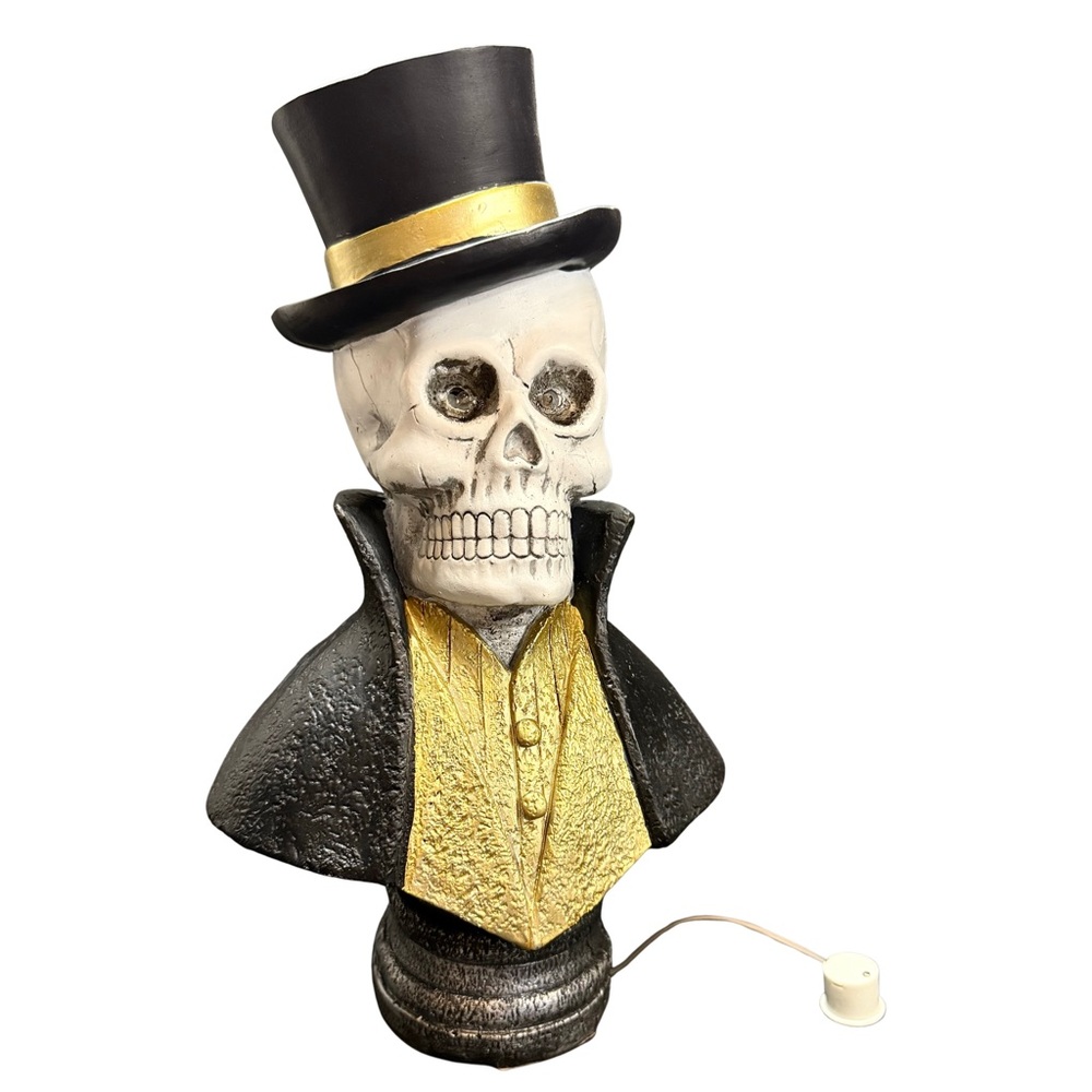 9” Black & Gold Halloween Skull Decor w/ Red Eyes